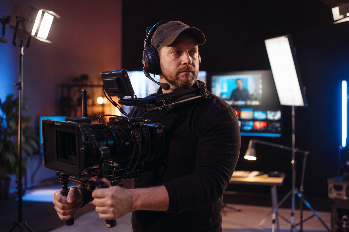 Film director on a studio set holding a cinema camera rig, monitors glowing behind