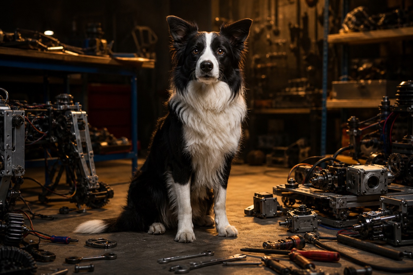 Border collie sitting proudly on a workshop floor surrounded by robot parts