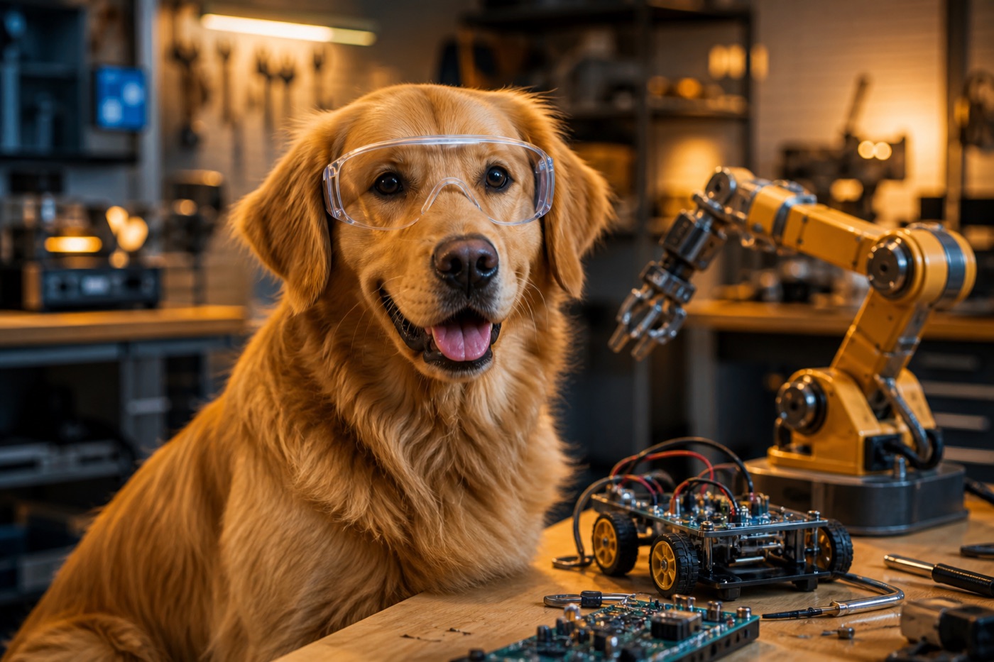 Golden retriever wearing safety goggles next to a robot arm on a workbench
