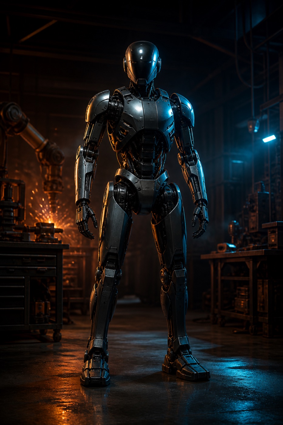 Photorealistic humanoid robot standing in a dark workshop lit by amber and cyan light