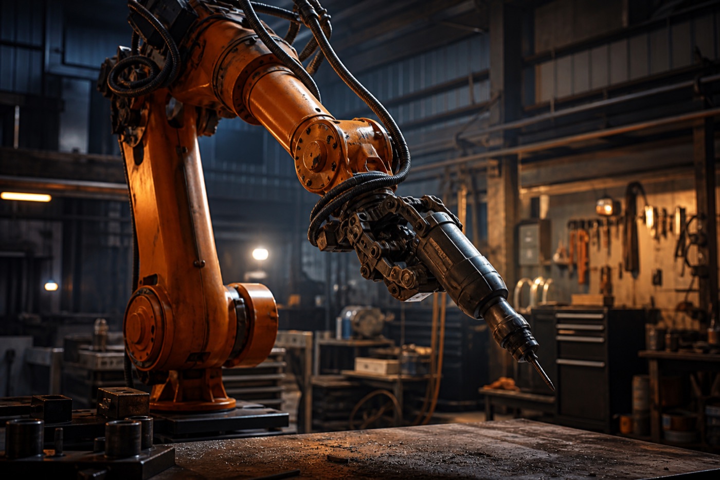 Orange industrial robot arm gripping a power tool in a workshop