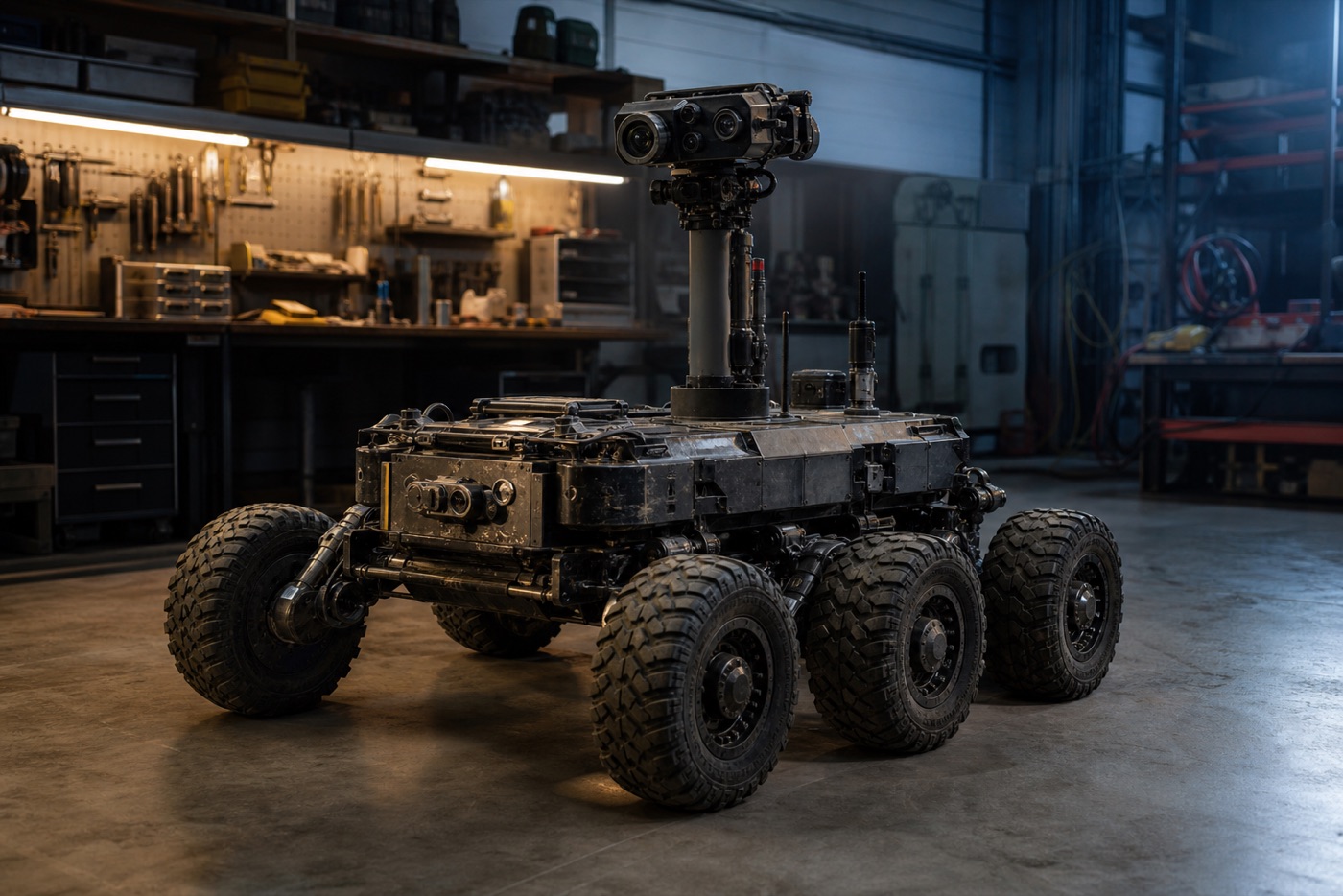 Six-wheeled robot rover with a camera mast parked in a workshop